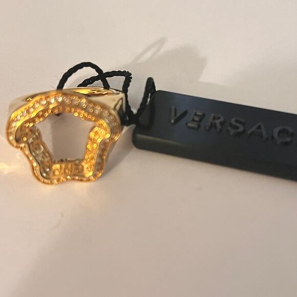Versace Gold Color Metal & Crystal Medusa Head Curve Ring - 8.5 - Unisex - Picture 1 of 10